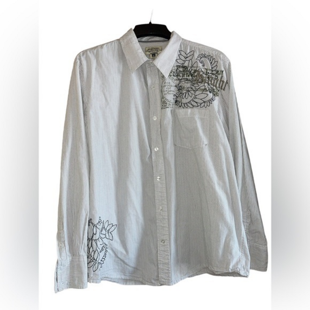 American Rag Western Embroidered Shirt Button Front White Grey Striped Men’s XL